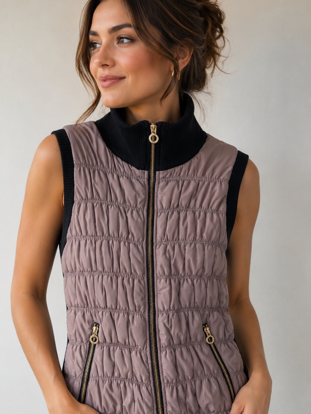 Calvin Klein Performance Quilted Vest Mauve with Black Trim